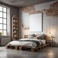 Modern Industrial Loft Bedroom with Pallet Bed and Blank Canvas