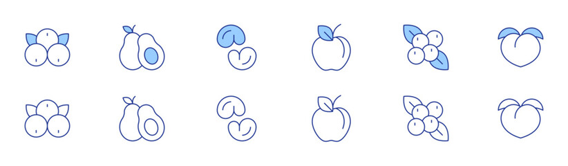 Fruits icon set in two styles, Duotone and Thin Line style. Editable stroke. acai, apple, avocado, berries, cashew, peach