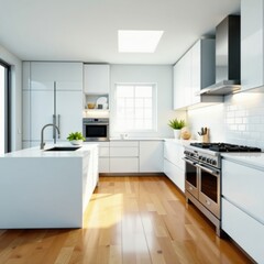 White modern kitchen with stainless steel appliances, sleek, futuristic, blank cookbook
