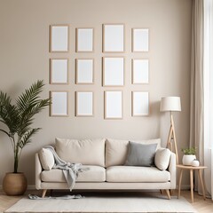 Minimalist Beige Living Room Interior with Blank Frames