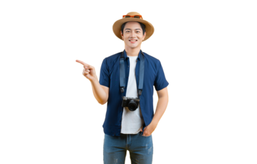 Portrait of young asian man using travel camera and posing	