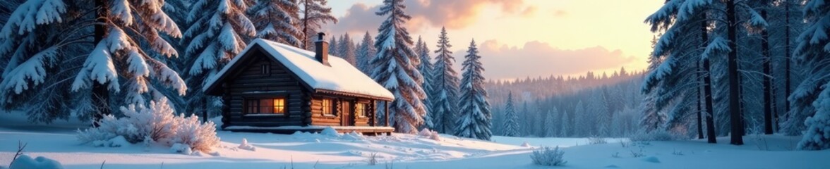 Fototapeta premium Winter forest with a small wooden cabin and a smoke rising from the chimney, wood, serene, forest