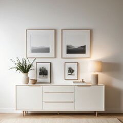 Modern Minimalist Living Room Interior with White Cabinet and Artwork
