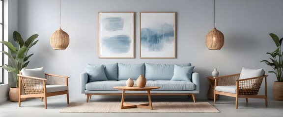 Modern Living Room Interior with Light Blue Sofa and Woven Accents