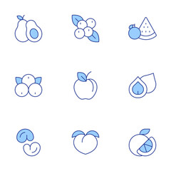 Fruits icons set. Line Duotone style, editable stroke. acai, apple, avocado, berries, cashew, fruit, macadamia nut, orange, peach