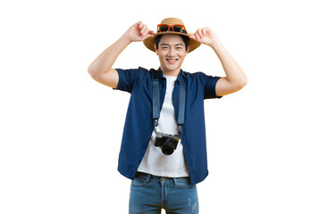 Portrait of young asian man using travel camera and posing	