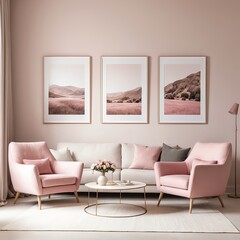 Pink Living Room Interior with Triptych Landscape Prints