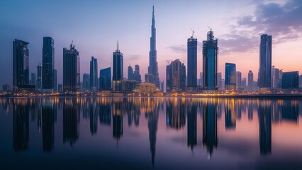Fototapeta premium skyline of a modern city with iconic skyscrapers illuminated at twilight, reflections shimmering on glass facades