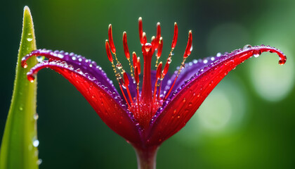 Vibrant Red Flower With Water Droplets Glistening Under Soft Light in a Lush Garden