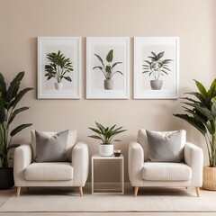 Modern Living Room Interior with Neutral Decor and Greenery