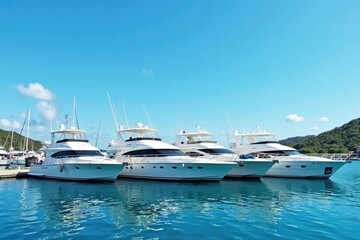 Fototapeta premium Yachts moored in quiet harbour with clear blue sky above, yacht, nautical, moor