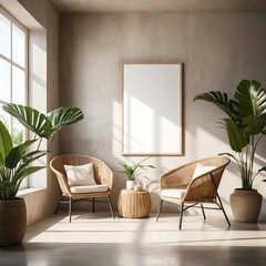 Fototapeta premium Relaxing Bohemian Living Room with Blank Canvas
