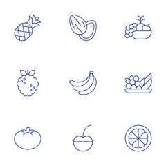 Fruits icons set. Thin Line style, editable stroke. almond, banana, cherry, fruit, fruits, lemon, pineapple, raspberry, tomato