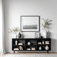 Modern Minimalist Living Room Interior with Black Cabinet and Decor