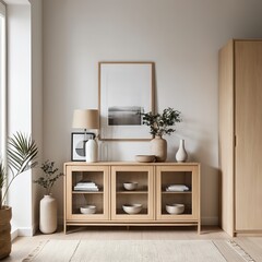 Minimalist Light Wood Cabinet with Decor in Modern Living Room