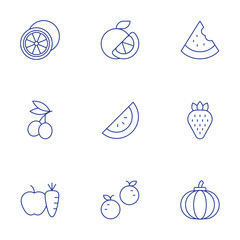 Fruits icons set. Thin Line style, editable stroke. fruit, nutrition, olive, orange, pumpkin, strawberry, watermelon
