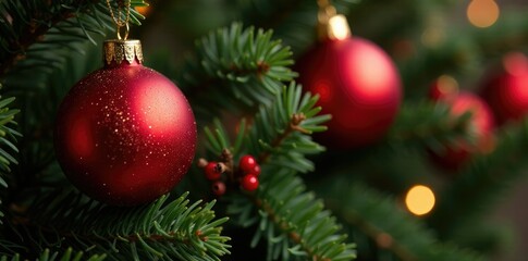 Naklejka premium Red and gold Christmas ornaments on a fir branch with berries, branch, holiday, red