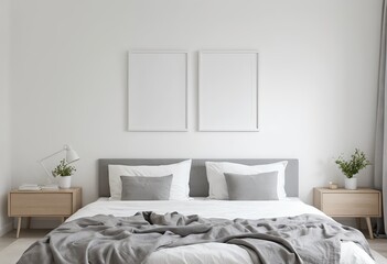 Modern Minimalist Bedroom Interior with Gray Bedding and Blank Frames