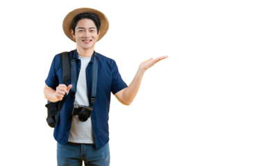 Portrait of young asian man using travel camera and posing	