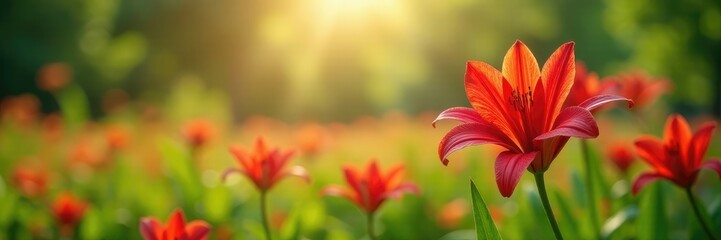Naklejka premium Red lily flowers sway in the gentle summer breeze amidst a lush landscape, flower, summer