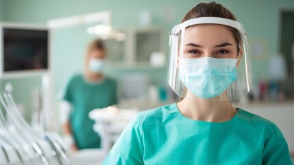Dental Professional in Protective Gear Smiling at the Camera in a Clinic Setting