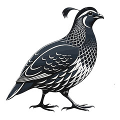 Intricate Linocut Quail Illustration – Black and White Vector Bird in Walking Profile