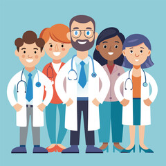 Multiethnic doctor team group with leader isolated vector illustration. Set of smiling doctors, nurses, paramedics. Different male and female medic workers in uniform with stethoscopes.