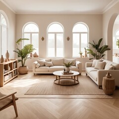 Modern Beige Living Room Interior with Arch Windows