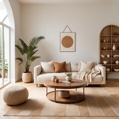 Modern Minimalist Living Room Interior with Beige Sofa and Wooden Accents