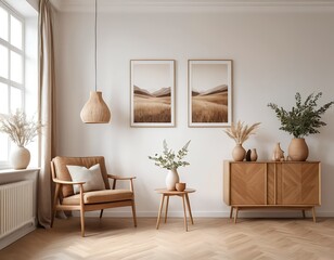 Fototapeta premium Cozy Living Room Interior Design with Neutral Tones and Wooden Furniture