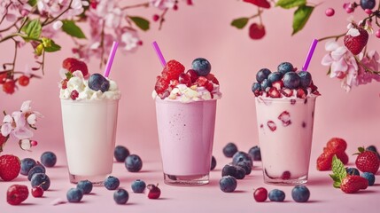 Colorful milkshakes topped with berries and whipped cream, surrounded by floral decorations