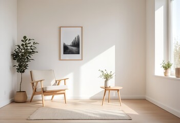 Fototapeta premium Minimalist Living Room Interior with Modern Chair and Plants