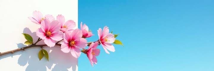 Serene floral branch against a bright blue sky on a clean white wall, flower bunch, nature