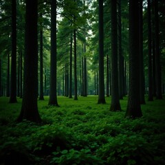 Fototapeta premium Dense forest with tall trees and underbrush at dusk, greenery, dusk