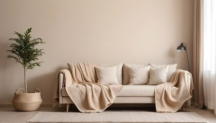 Cozy Beige Living Room Interior with Sofa and Plant