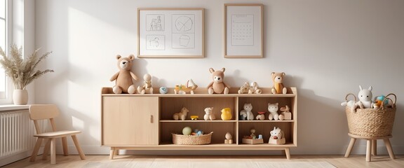 Nursery Room Interior with Wooden Furniture and Plush Toys