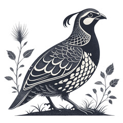 Intricate Linocut Quail Illustration – Black and White Vector Bird in Walking Profile
