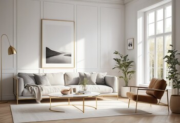 Modern Minimalist Living Room Interior with Gold Accents