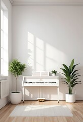 White Piano in Minimalist Interior with Plants