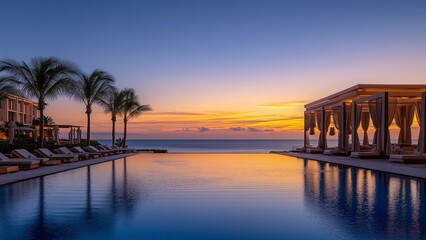 Obraz premium five-star resort poolside with elegant cabanas, stunning beach views, and golden-hour lighting