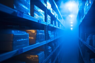 Fototapeta premium Nighttime warehouse aisle, product storage, blue light, inventory