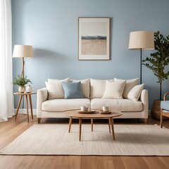 Modern Living Room Interior Design with Beige Sofa and Wooden Furniture