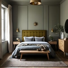 Stylish Modern Bedroom Interior with Olive Green Walls and Wooden Furniture