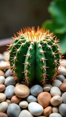 Small rocks and pebbles forming a border around a round cactus, garden decor, pebbles,