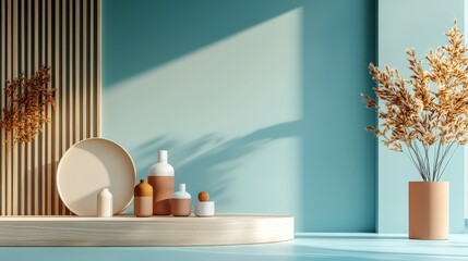 Obraz premium Bold forms and earthy tones unite in this stunning arrangement of vases and decorative items, crafted to evoke a contemporary feel that inspires creativity and elegance indoors.