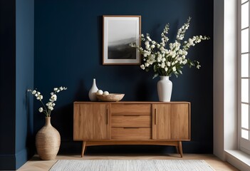 Modern Oak Sideboard with White Flowers and Decor in a Stylish Room
