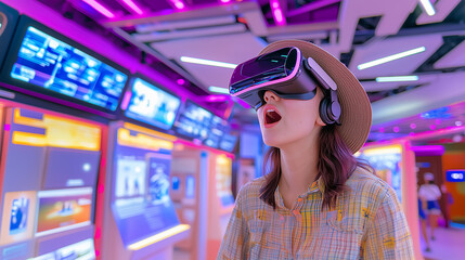 Woman surprised by futuristic VR headset at tech exhibition