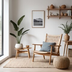Modern Minimalist Living Room Interior with Wooden Chair and Natural Decor