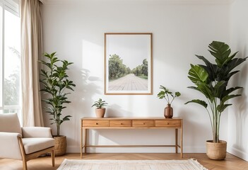 Minimalist Living Room Interior with Plants and Wooden Console Table