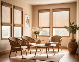 Serene Living Room with Rattan Furniture and Natural Light